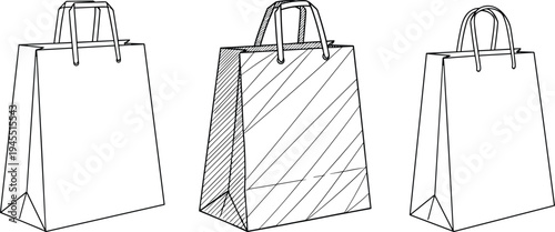 Shopping bag line art illustrations set with paper retail bags hand drawn packaging outline vector mockup collection isolated