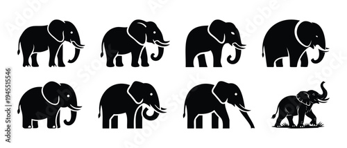 Elephant silhouette icons collection set isolated on transparent background for wildlife logo and branding