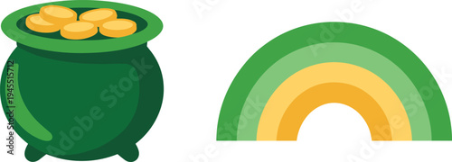 St Patrick day symbols set leprechaun pot of gold coins and rainbow flat vector illustration Irish holiday luck icon collection