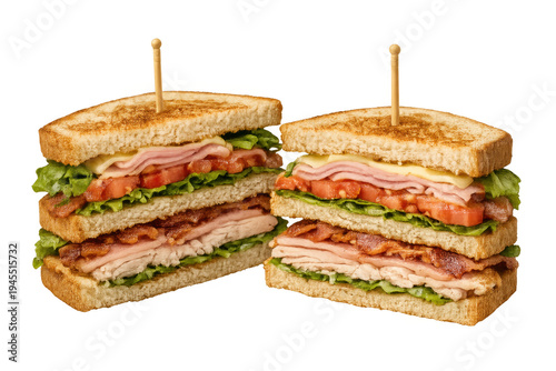 Delicious club sandwiches with ham, turkey, bacon, and vegetables