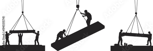 Construction workers lifting beam, crane operation silhouettes, heavy load handling, industrial teamwork illustration, building site labor actions, structural material placement
