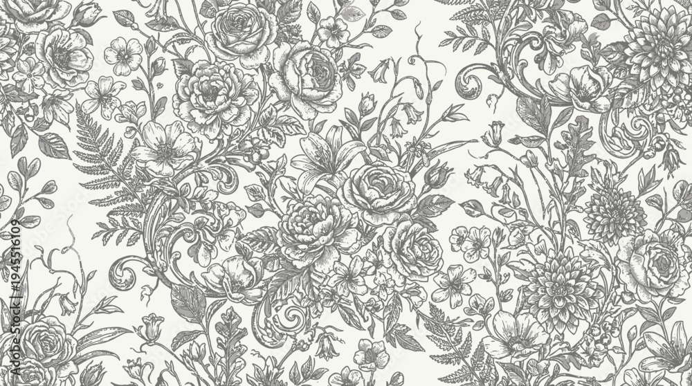 Fototapeta premium Detailed gray floral damask pattern.