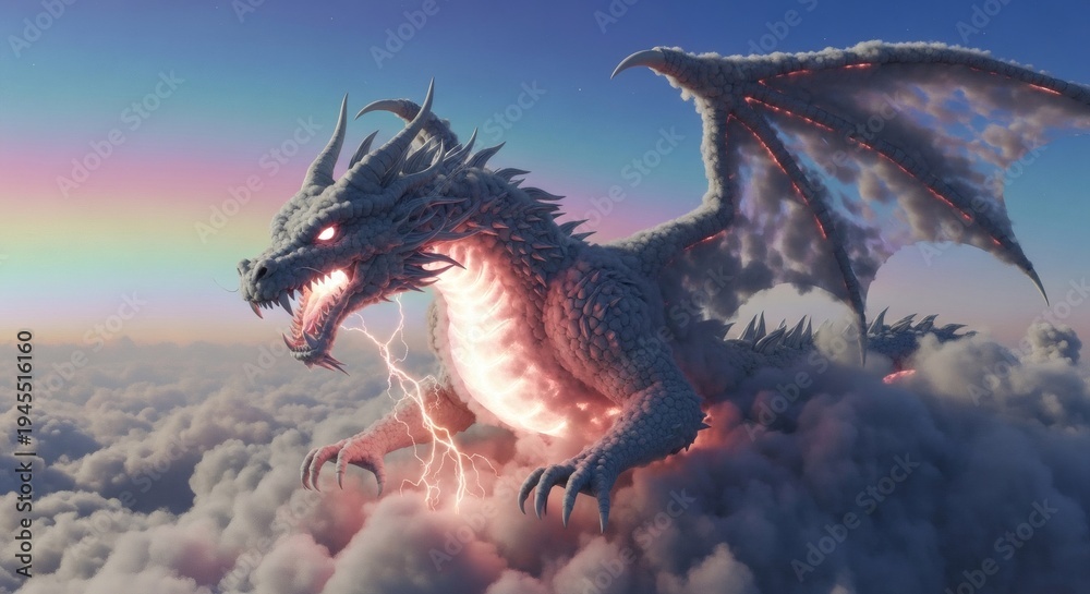 Fototapeta premium Majestic white dragon with glowing eyes and lightning soaring above fluffy clouds under a vibrant rainbow sky