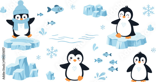 Cute penguin cartoon character set with winter hat scarf ice blocks fish snowflakes polar kawaii vector illustration collection