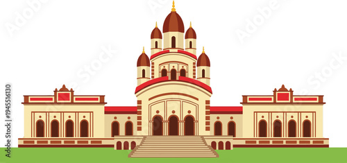 Majestic traditional Hindu architecture of the famous historic Dakshineswar Kali Temple in Kolkata West Bengal India featuring beautiful red spires and tall arches.