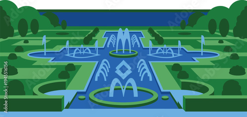 Beautiful formal green garden landscape design featuring symmetrical water pool fountains and manicured hedges in a peaceful outdoor public park scenic environment.