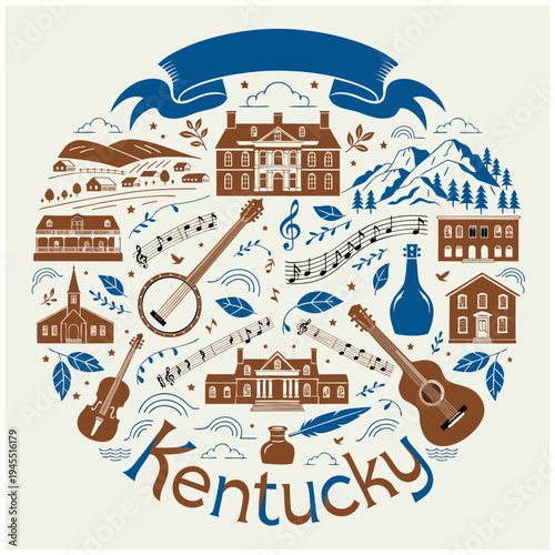 Kentucky State Heritage Graphic with Musical Instruments and Historic Landmarks