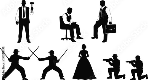 Collection of business professionals, soldiers, fencing fighters and elegant woman silhouettes isolated on white background, corporate people poses, military action characters vector style set
