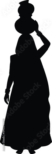 Black silhouette of a traditional Indian village woman wearing a saree carrying two water pots stacked on her head balancing them gracefully for rural lifestyle art.