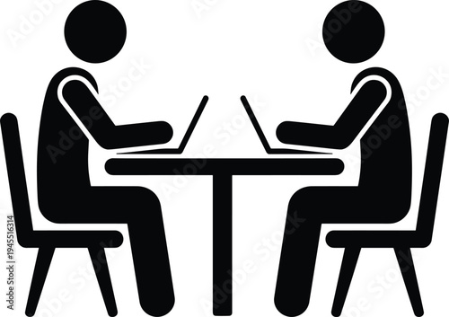 Two people working on laptops, office teamwork, coworking space illustration, business collaboration, digital workspace graphic, computer users at table