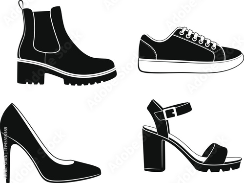 Black silhouette illustration of four footwear styles including Chelsea boot, casual sneaker, high-heeled pump, and ankle-strap sandal, fashion shoe design collection