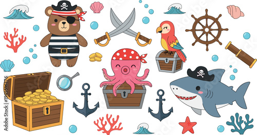 Cute pirate adventure collection with bear pirate shark octopus treasure chest parrot anchor and ocean elements vector illustration set