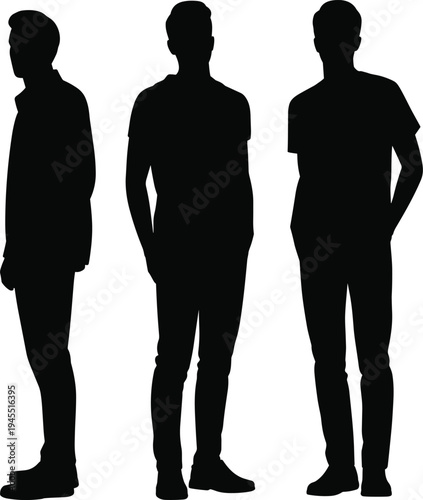 Three black silhouettes of standing men in different poses, casual posture, modern clothing, minimal design, symbolic human figure representation artwork.