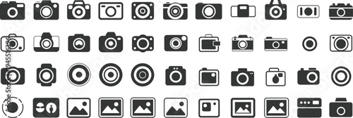 Camera icon collection, photography symbols set, digital camera silhouettes, photo lens icons, modern graphic elements, snapshot illustrations, professional photography tools