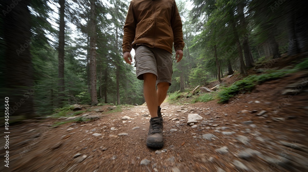 Fototapeta premium Dynamic low angle view of a person hiking on a forest trail amidst pine trees