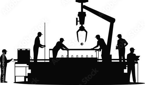 Factory workers silhouette, industrial assembly line, robotic arm automation, manufacturing teamwork, production labor scene, industry technology process illustration