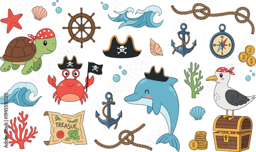 Cute pirate ocean adventure elements with dolphin crab turtle treasure map anchor waves nautical cartoon vector illustration set