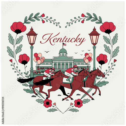 Kentucky Derby Horse Race Event with Poppies and Historic Grandstand