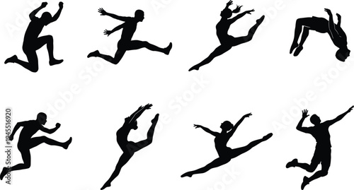 Athletes Jumping and Gymnastics Silhouette Set, Sports Action Poses for Vector Illustration and Design