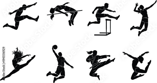 Athletes Action Silhouette Set with Basketball Volleyball Martial Arts and Track Field Sports Vector