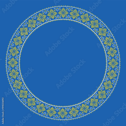 Round  frame made of traditional Ukrainian embroidery pattern with yellow and blue cross stitch ornament on white background. Folk ethnic design inspiyellow by vyshyvanka, perfect for borders