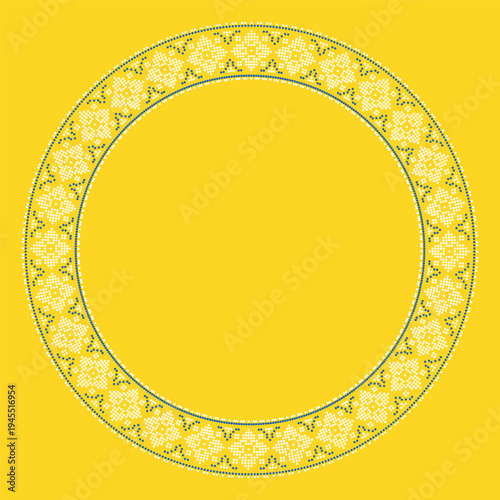 Round  frame made of traditional Ukrainian embroidery pattern with yellow and blue cross stitch ornament on white background. Folk ethnic design inspiyellow by vyshyvanka, perfect for borders