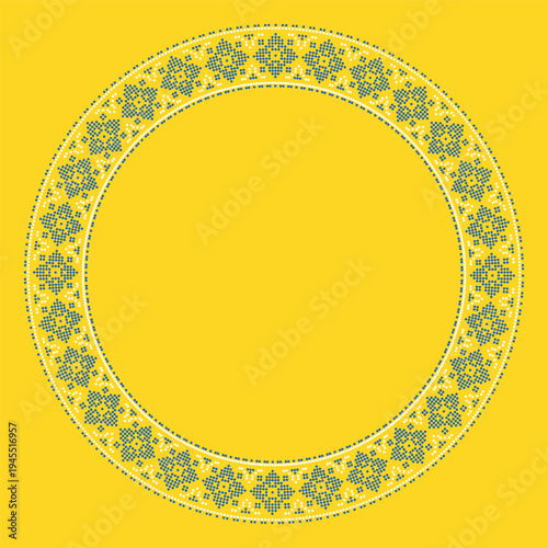 Round  frame made of traditional Ukrainian embroidery pattern with yellow and blue cross stitch ornament on white background. Folk ethnic design inspiyellow by vyshyvanka, perfect for borders