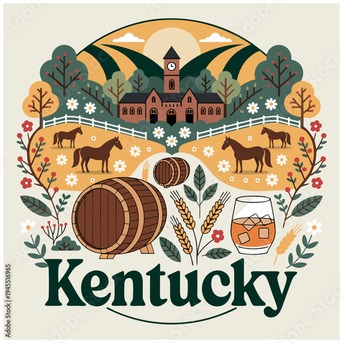 Kentucky Heritage Illustration with Historic Mansion Horses and Bourbon