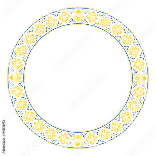 Round  frame made of traditional Ukrainian embroidery pattern with yellow and blue cross stitch ornament on white background. Folk ethnic design inspiyellow by vyshyvanka, perfect for borders
