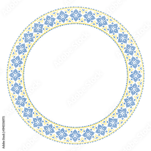 Round  frame made of traditional Ukrainian embroidery pattern with yellow and blue cross stitch ornament on white background. Folk ethnic design inspiyellow by vyshyvanka, perfect for borders