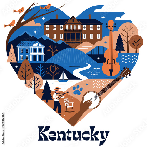 Kentucky Heart Scene with Bluegrass Musicians Mountains and Historic Homes