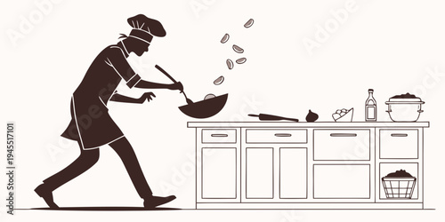 A chef in a kitchen throwing a pan with food
