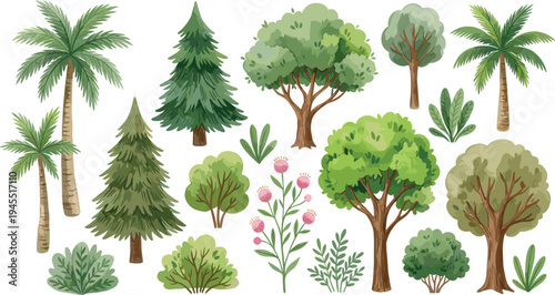 Flat Vector Illustration Set of Various Green Trees, Pine, Palm, and Garden Shrub Elements