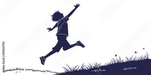 Silhouette of a child jumping in the air on a grassy hill with flying birds