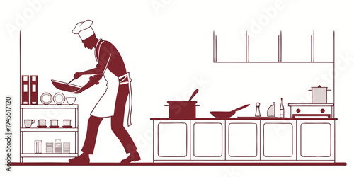 A chef in a kitchen preparing food with various cooking utensils and equipment around him