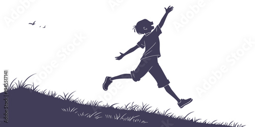 A silhouette of a joyful child jumping on a grassy hill with birds flying in the background