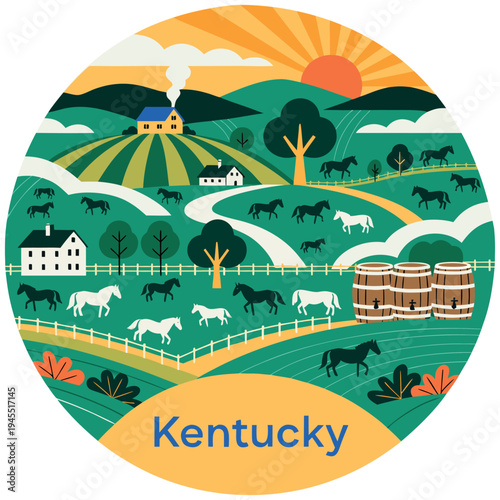 Kentucky Horse Farm Landscape with Rolling Hills and Bourbon Barrels