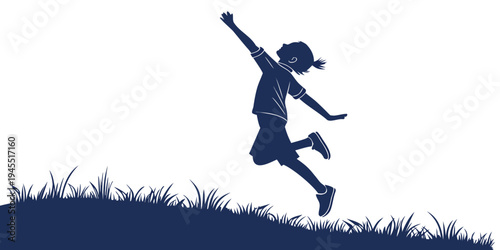 Silhouette of a joyful girl jumping in the air on a grassy hill with her arms outstretched