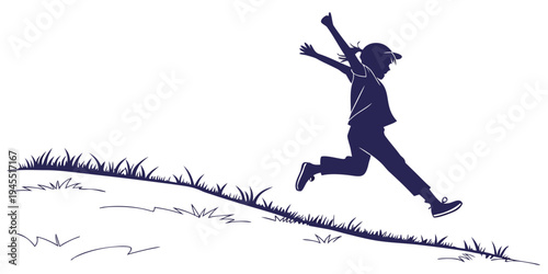 A dark blue silhouette of a young girl running on a grassy hill with a baseball bat over her shoulder