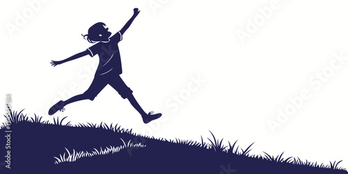 Silhouette of a joyful child jumping on a grassy hill with arms outstretched in a carefree outdoor setting