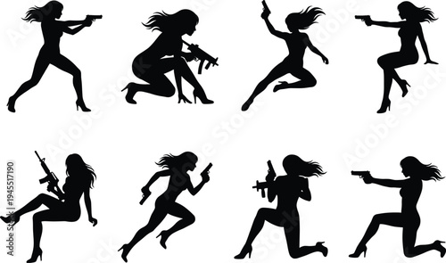Female Secret Agent Silhouettes Holding Weapons in Action Poses, Spy and Assassin Vector Graphics, Set