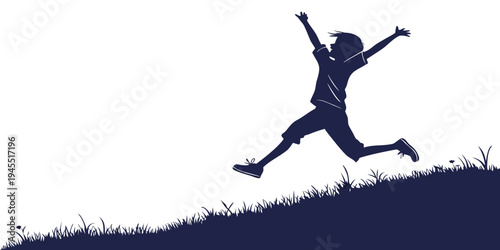 Silhouette of a joyful child jumping on a grassy hill with arms outstretched in excitement and freedom