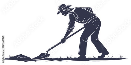 A silhouette illustration of a man digging with a shovel in a field or garden