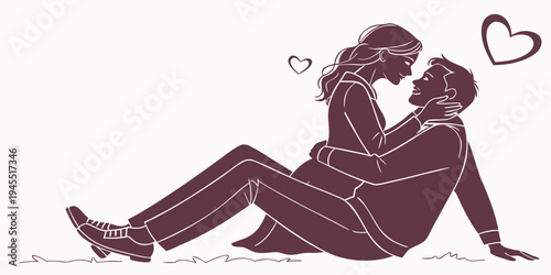 Vector illustration of a romantic couple sitting together on the ground with hearts