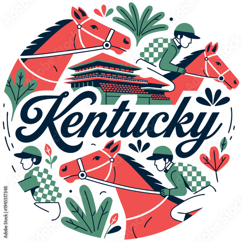 Kentucky Horse Racing Graphic with Jockeys and Iconic Track Grandstand