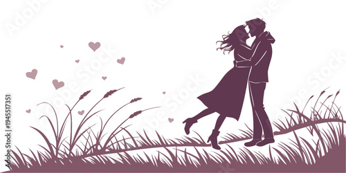 Romantic couple embracing in a field with hearts floating around them in a beautiful scenic landscape