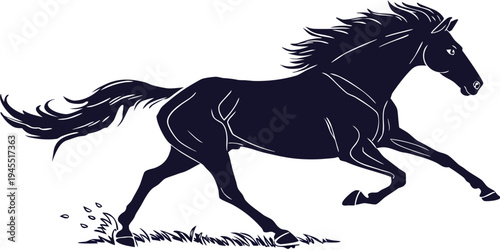 A black horse is running with its mane and tail flowing in the wind