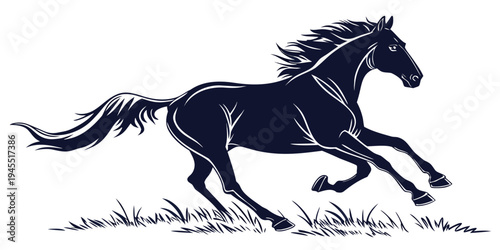 A black horse running in the grass with a flowing mane and tail