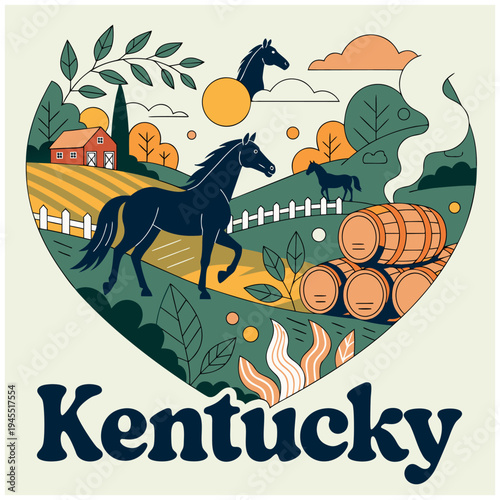 Kentucky State Illustration with Horses Bourbon Barrels and Farm Landscape