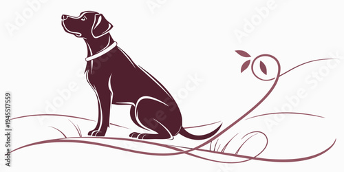 A maroon colored dog sitting on wavy lines with a leafy vine